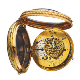 Hinged gilt brass full plate movement with conical pillars, fusee with chain, verge escapement