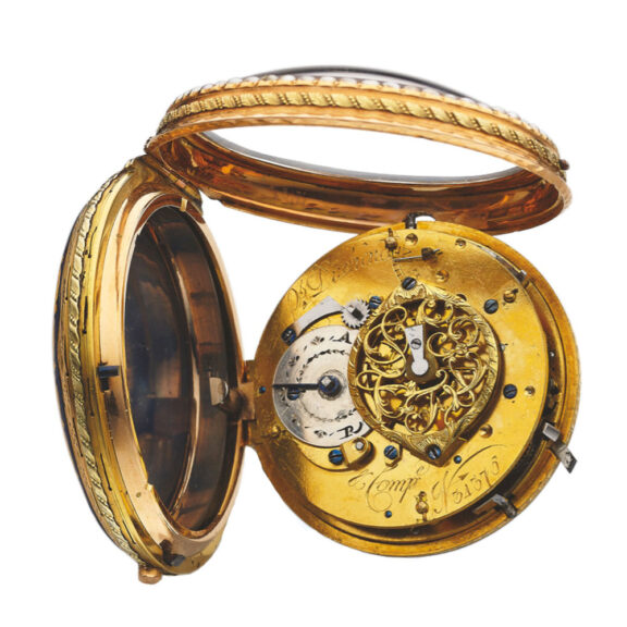Hinged gilt brass full plate movement with conical pillars, fusee with chain, verge escapement Hinged gilt brass full plate movement with conical pillars, fusee with chain, verge escapement