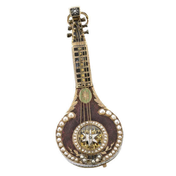 Swiss gold, enamel pearl set mandolin watch Circa 1800