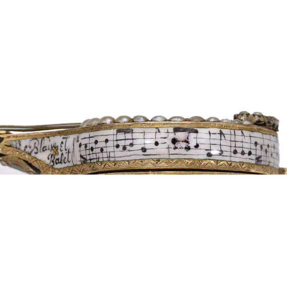 Swiss gold, enamel pearl set mandolin watch Circa 1800 Swiss gold, enamel pearl set mandolin watch Circa 1800