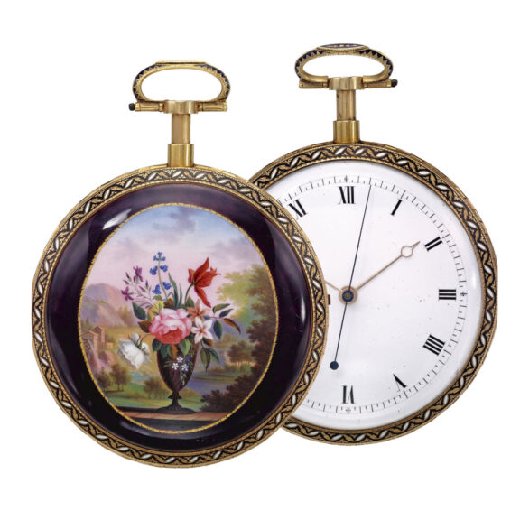 Unusual large french gold enamel musical watch Circa 1790