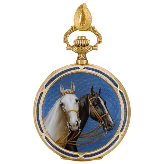 Swiss hunting cased watch with an equestrian theme circa 1915