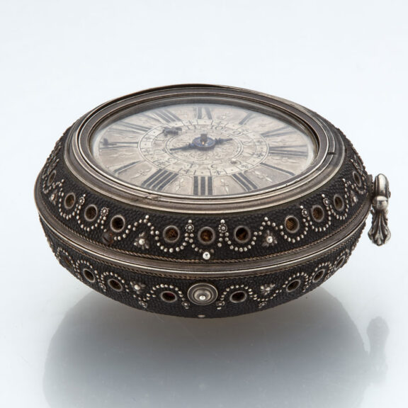 Impressive leather pique pair cased verge with alarm Circa 1695 Impressive leather pique pair cased verge with alarm Circa 1695