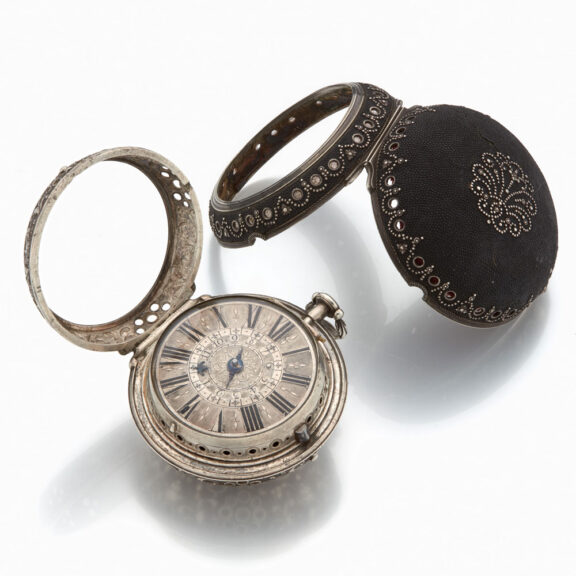 Impressive leather pique pair cased verge with alarm Circa 1695 Impressive leather pique pair cased verge with alarm Circa 1695