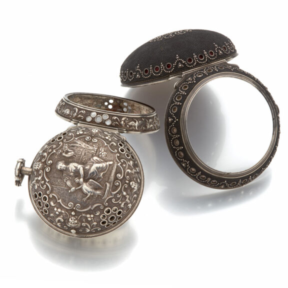 Impressive leather pique pair cased verge with alarm Circa 1695 Impressive leather pique pair cased verge with alarm Circa 1695