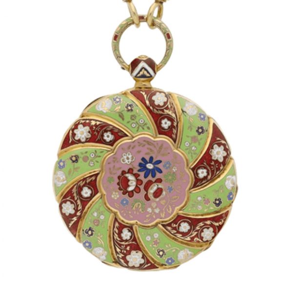 English gold enamel watch with matching chain Circa 1830 English gold enamel watch with matching chain Circa 1830