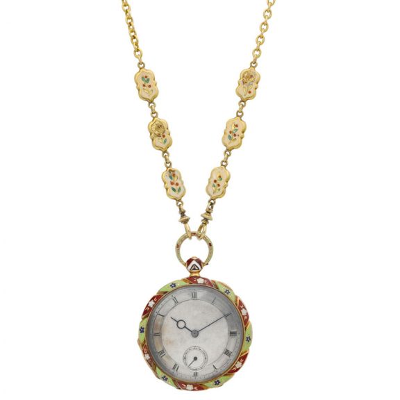 English gold enamel watch with matching chain Circa 1830 English gold enamel watch with matching chain Circa 1830