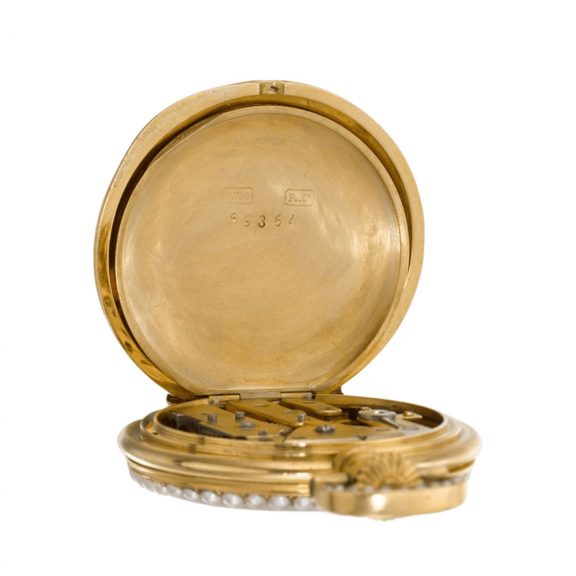 Swiss gold enamel and pearl lady's pendant watch Circa 1885 Swiss gold enamel and pearl lady's pendant watch Circa 1885