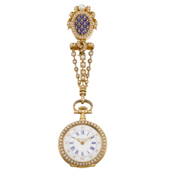 Swiss gold enamel and pearl lady's pendant watch Circa 1885 Swiss gold enamel and pearl lady's pendant watch Circa 1885