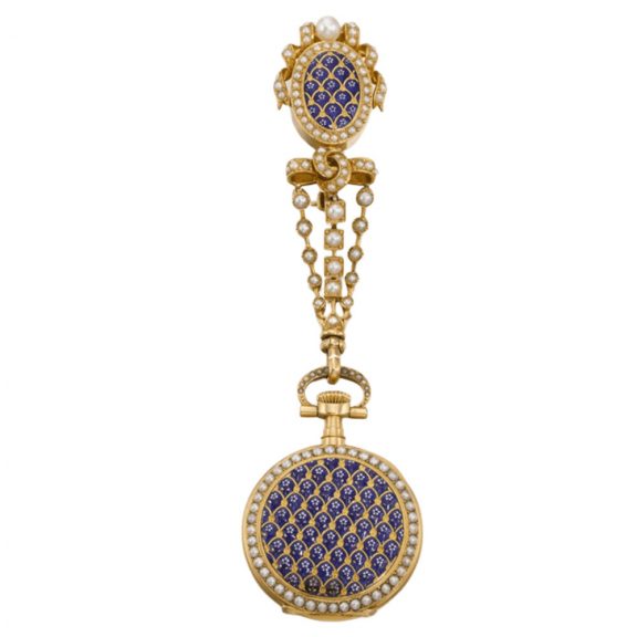 Swiss gold enamel and pearl lady's pendant watch Circa 1885 Swiss gold enamel and pearl lady's pendant watch Circa 1885