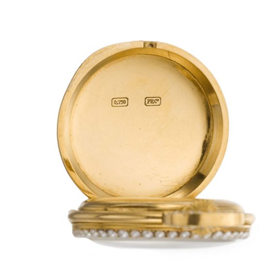 Swiss gold enamel and pearl lady's pendant watch Circa 1885 Swiss gold enamel and pearl lady's pendant watch Circa 1885