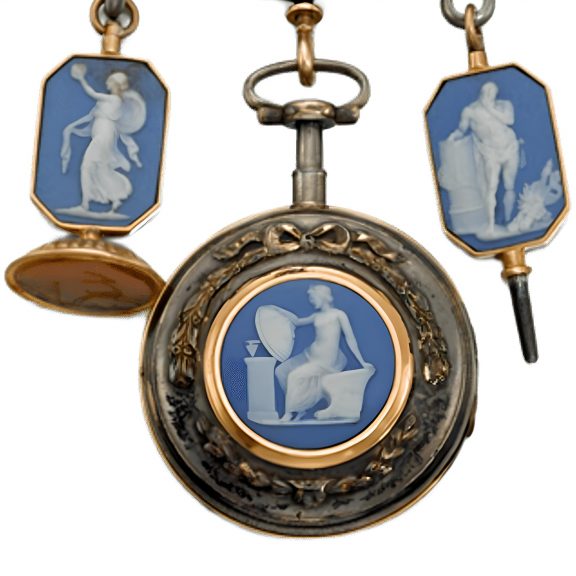 French verge watch with Jasperware mounted chatelaine Circa 1785 French verge watch with Jasperware mounted chatelaine Circa 1785