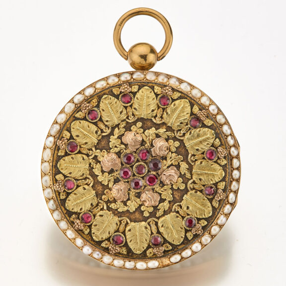 Swiss multi-color gold, ruby and pearl-set verge Circa 1810 Swiss multi-color gold, ruby and pearl-set verge Circa 1810