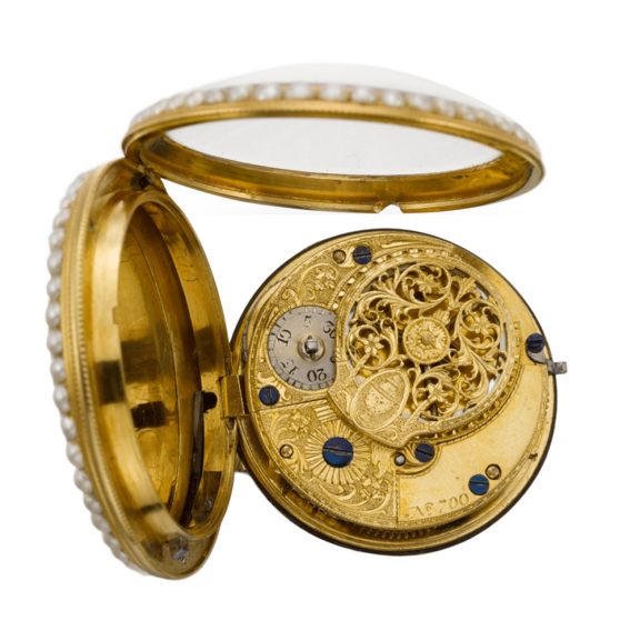 French gold enamel pearl and diamond set verge watch Circa 1790 French gold enamel pearl and diamond set verge watch Circa 1790