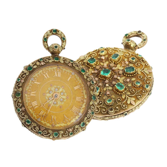 Swiss gold quarter repeater with emarald setting Circa 1830