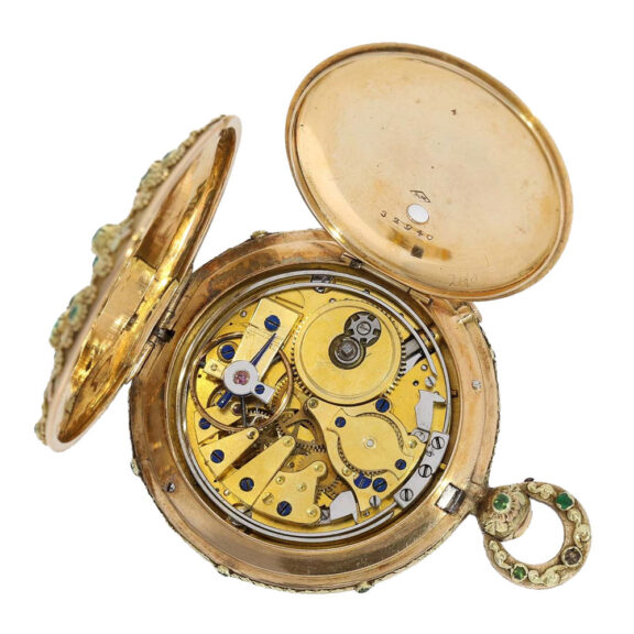 Swiss gold quarter repeater with emarald setting Circa 1830 Swiss gold quarter repeater with emarald setting Circa 1830