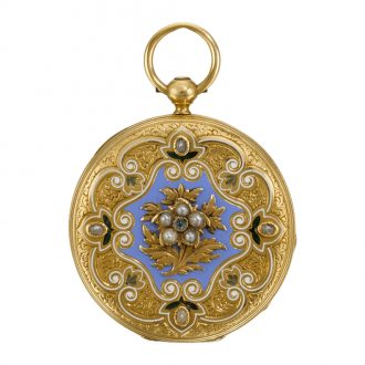 Rare Swiss gold, enamel and pearl set fob watch Circa 1850