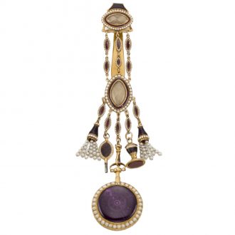 Swiss gold, pearl-set and enamel verge watch with chatelaine Circa 1800