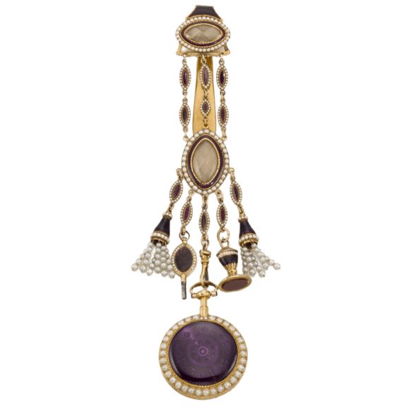 Swiss gold, pearl-set and enamel verge watch with chatelaine Circa 1800 Swiss gold, pearl-set and enamel verge watch with chatelaine Circa 1800