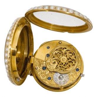 Swiss gold, pearl-set and enamel verge watch with chatelaine Circa 1800
