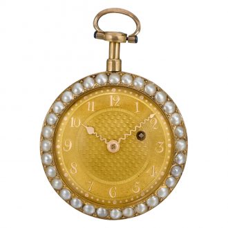 Swiss gold, pearl-set and enamel verge watch with chatelaine Circa 1800