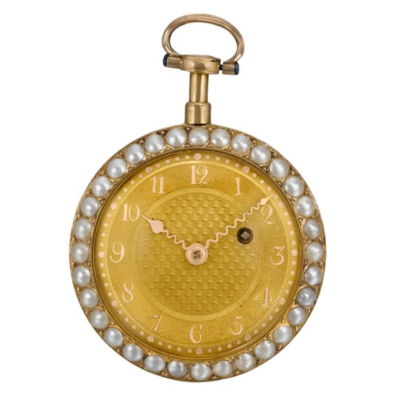 Swiss gold, pearl-set and enamel verge watch with chatelaine Circa 1800 Swiss gold, pearl-set and enamel verge watch with chatelaine Circa 1800