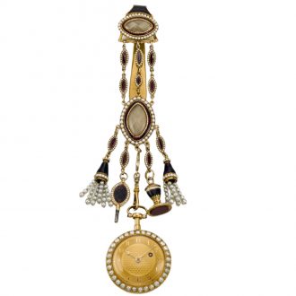 Swiss gold, pearl-set and enamel verge watch with chatelaine Circa 1800