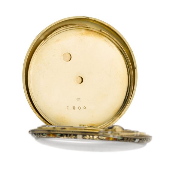Swiss gold and enamel florally decorated cylinder watch Circa 1830 Swiss gold and enamel florally decorated cylinder watch Circa 1830