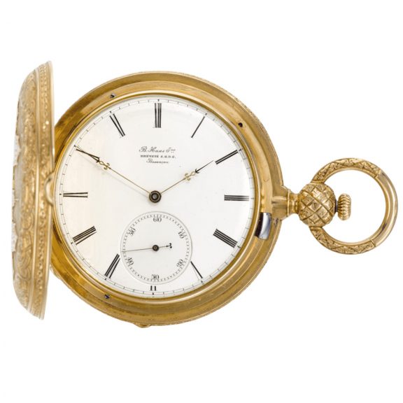 French gold engraved full hunter cylinder watch Circa 1850 French gold engraved full hunter cylinder watch Circa 1850