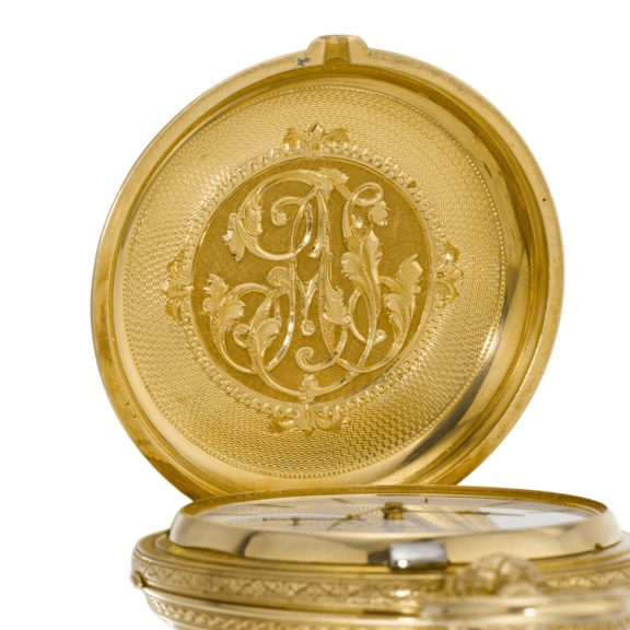 French gold engraved full hunter cylinder watch Circa 1850 French gold engraved full hunter cylinder watch Circa 1850
