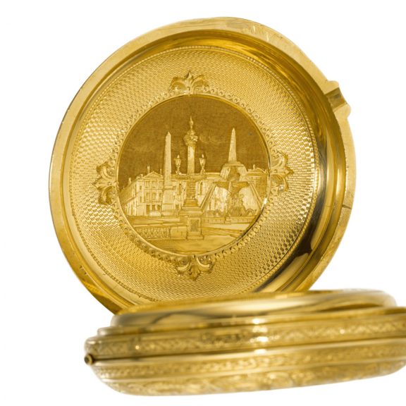 French gold engraved full hunter cylinder watch Circa 1850 French gold engraved full hunter cylinder watch Circa 1850