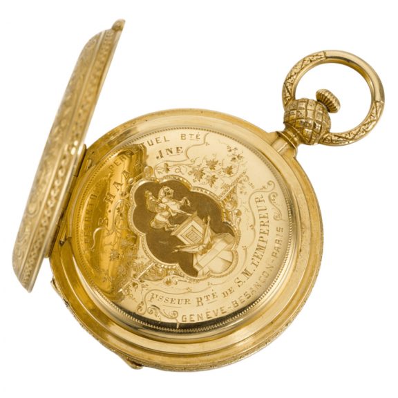 French gold engraved full hunter cylinder watch Circa 1850 French gold engraved full hunter cylinder watch Circa 1850