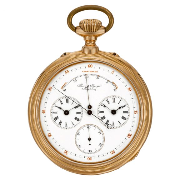 German gold two time zone watch with thermometer Circa 1880