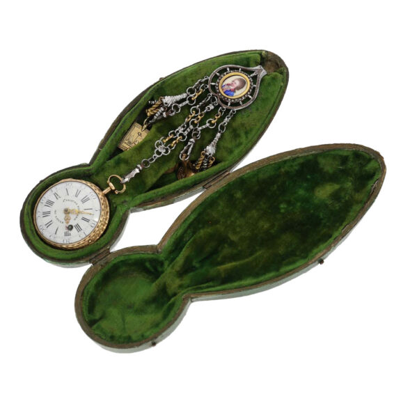 Swiss gold/enamel cylinder watch with chatelaine Circa 1740 Swiss gold/enamel cylinder watch with chatelaine Circa 1740
