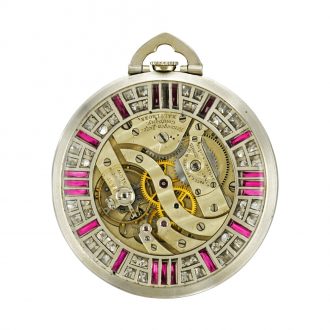 Swiss platinum ruby and diamond set keyless lever watch Circa 1935