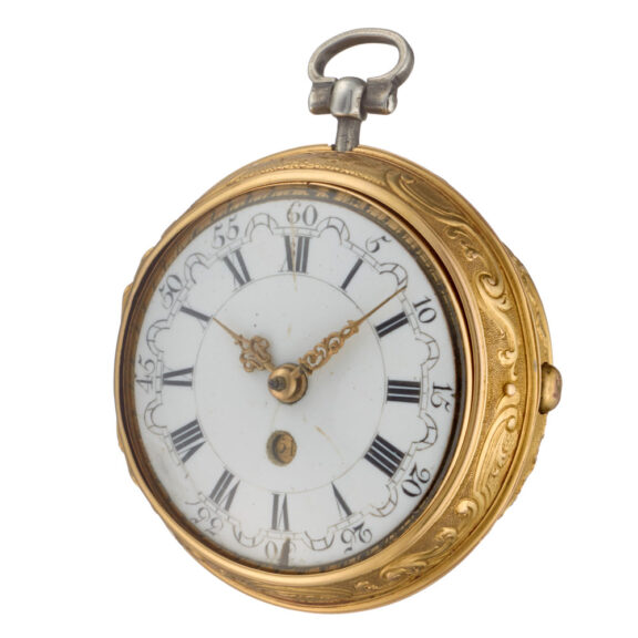 An English 20 carat date verge in repousse pair cases Circa 1740 An English 20 carat date verge in repousse pair cases Circa 1740