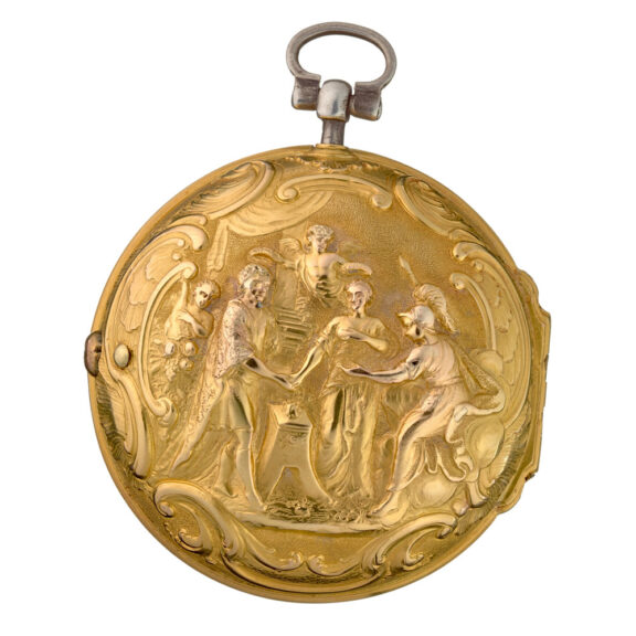An English 20 carat date verge in repousse pair cases Circa 1740 An English 20 carat date verge in repousse pair cases Circa 1740