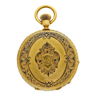 Swiss gold and enamel hunting cased pocket watch Circa 1869