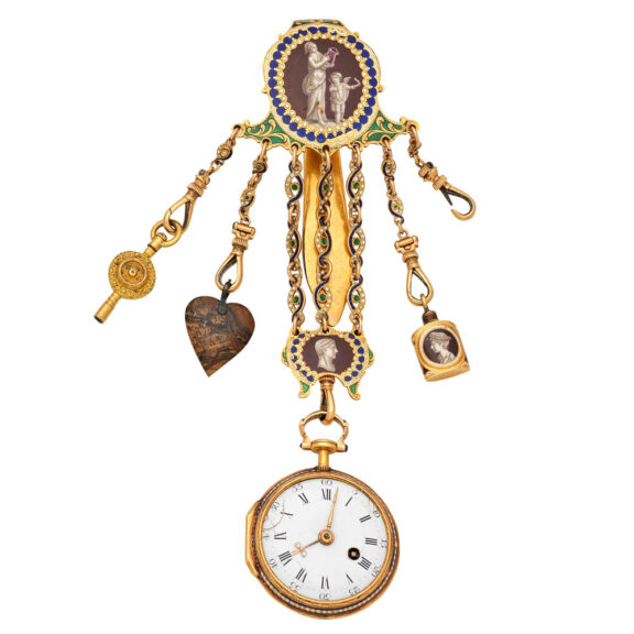 English 18k gold and enamel watch with chatelaine Circa 1780 English 18k gold and enamel watch with chatelaine Circa 1780