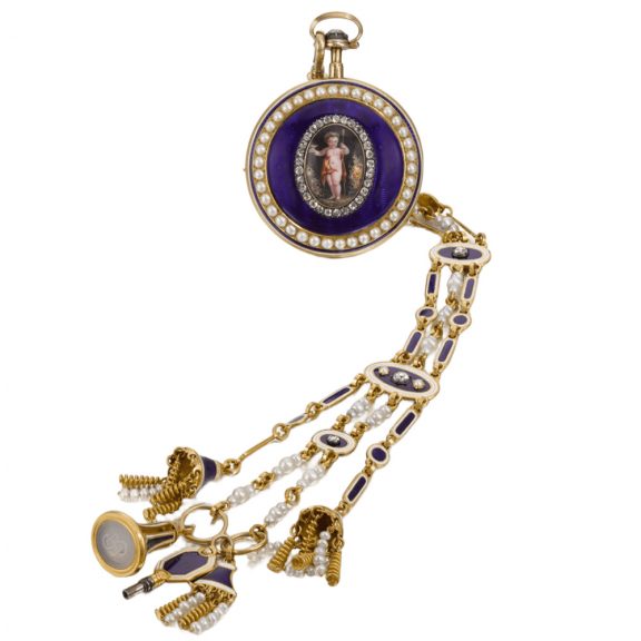 English gold, enamel, and pearl set lever watch with chatelaine Circa 1790 English gold, enamel, and pearl set lever watch with chatelaine Circa 1790