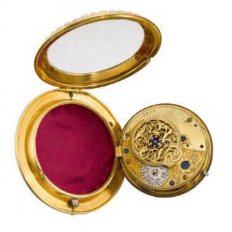 English gold, enamel, and pearl set lever watch with chatelaine Circa 1790