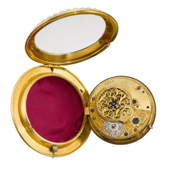 English gold, enamel, and pearl set lever watch with chatelaine Circa 1790 English gold, enamel, and pearl set lever watch with chatelaine Circa 1790