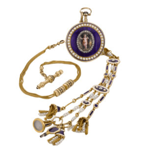 English gold, enamel, and pearl set lever watch with chatelaine Circa 1790