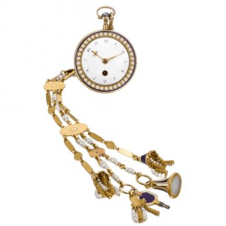 English gold, enamel, and pearl set lever watch with chatelaine Circa 1790