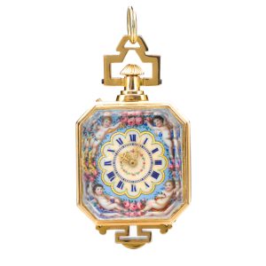 Swiss gold and enamel rectangular cylinder watch Circa 1890