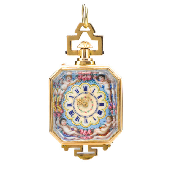 Swiss gold and enamel rectangular cylinder watch Circa 1890