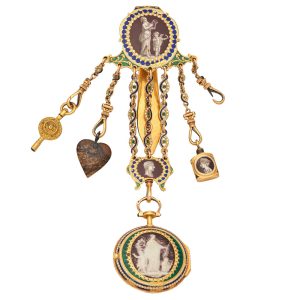 English 18k gold and enamel watch with chatelaine  Circa 1780