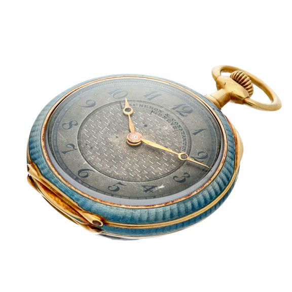 A Swiss gold, enamel, and diamond set pendant watch Circa 1908 A Swiss gold, enamel, and diamond set pendant watch Circa 1908