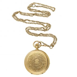 Swiss 18k gold full hunter watch with gold chain Circa 1880