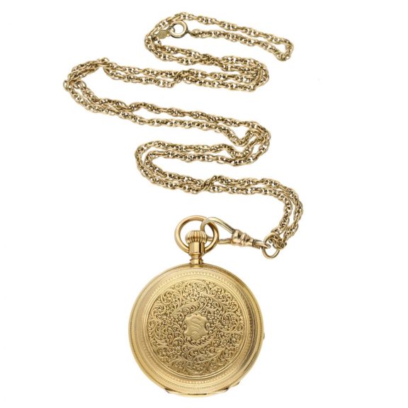 Swiss 18k gold full hunter watch with gold chain Circa 1880 Swiss 18k gold full hunter watch with gold chain Circa 1880